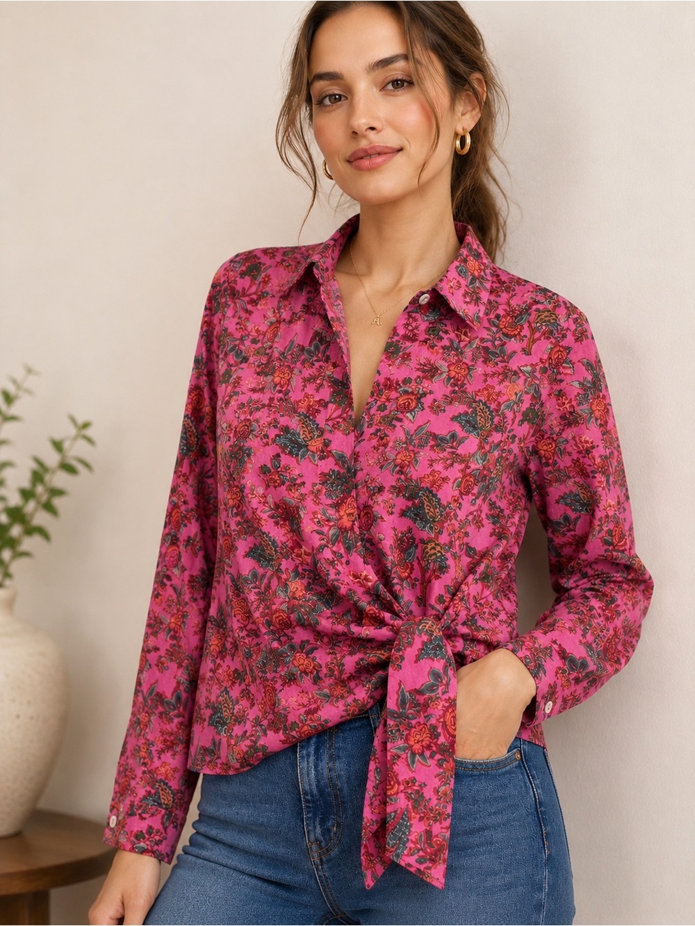 Anthropologie Ro’s Garden Floral Wrap Tie Cotton Blouse Pink Size Small